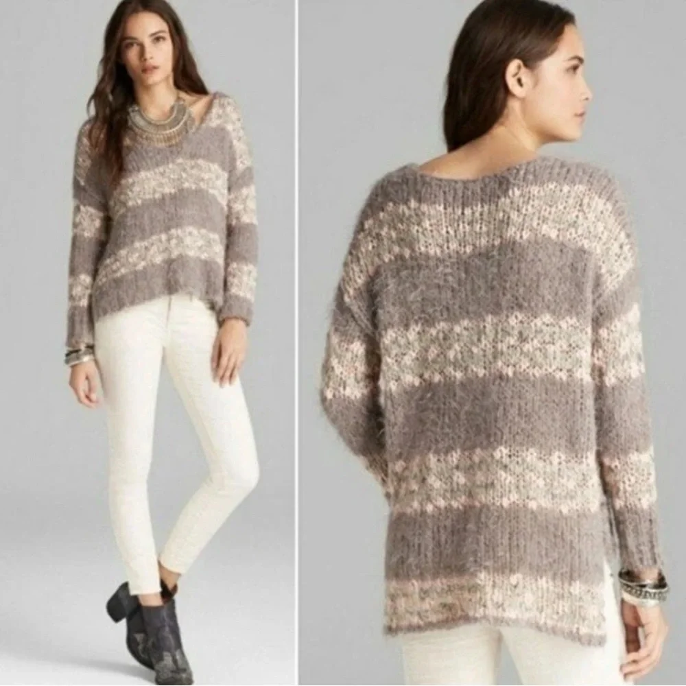 Free People | Linus Striped Eyelash Wool Blend Sweater Gray Pink-Size medium - Picture 6 of 6
